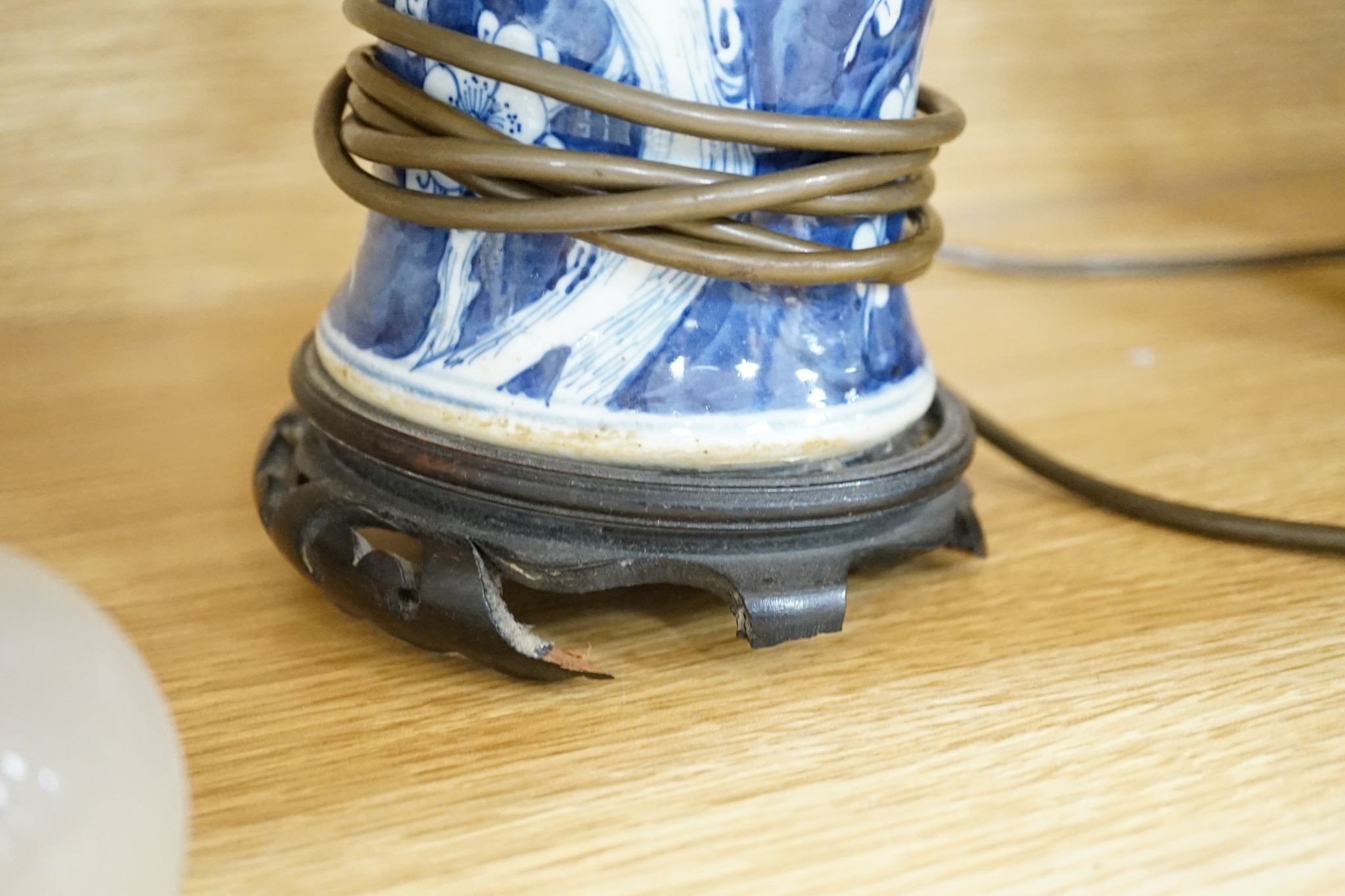 A pair of Chinese blue and white lamps and pair of ginger jars